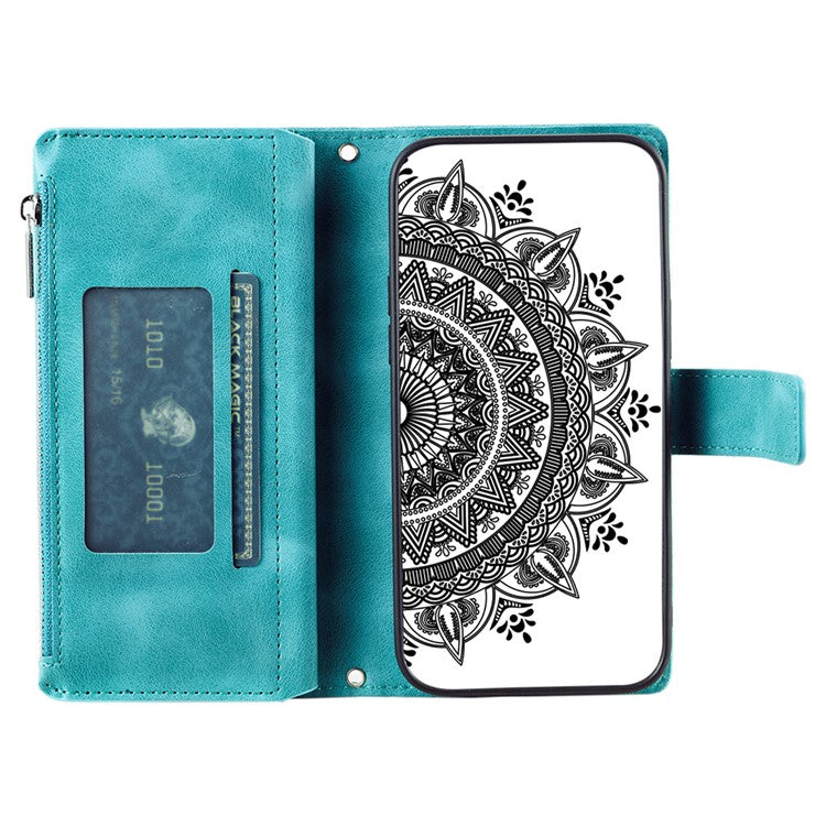 Style 006 For Google Pixel 9a Phone Case Mandala Flower Pattern PU Leather Zipper Wallet Stand Cover - Mint Green