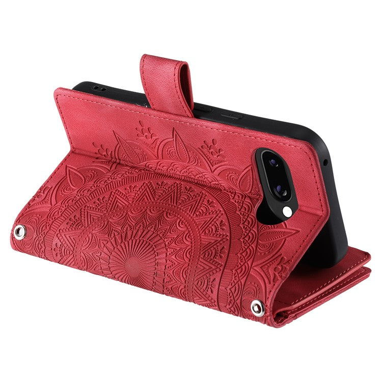 Style 006 For Google Pixel 9a Phone Case Mandala Flower Pattern PU Leather Zipper Wallet Stand Cover - Red