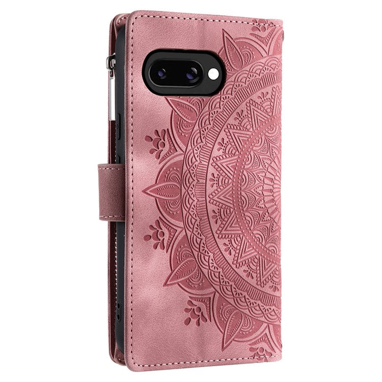 Style 006 For Google Pixel 9a Phone Case Mandala Flower Pattern PU Leather Zipper Wallet Stand Cover - Rose Gold