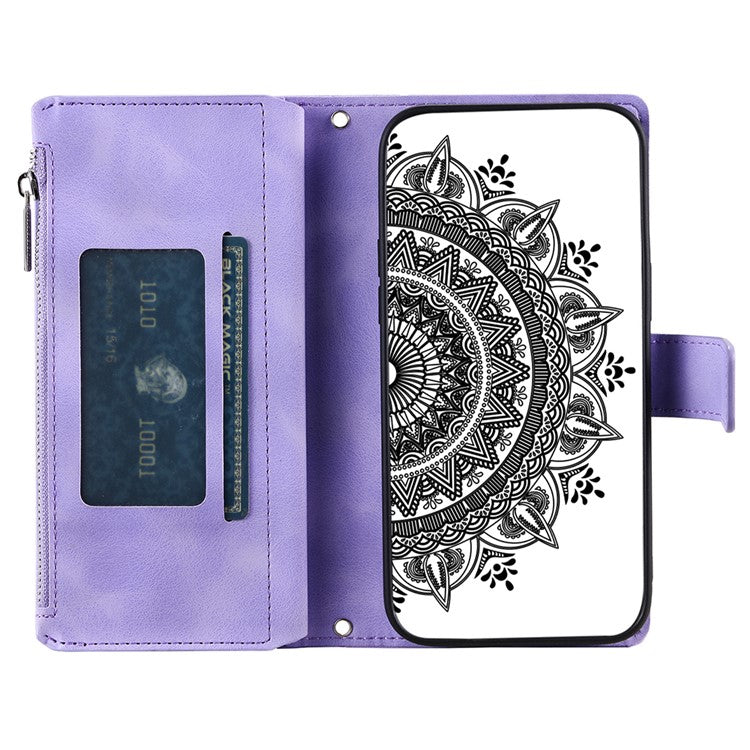 Style 006 For Google Pixel 9a Phone Case Mandala Flower Pattern PU Leather Zipper Wallet Stand Cover - Purple