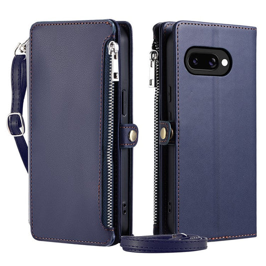 015 Style For Google Pixel 9a Case TPU+PU Leather Wallet Phone Cover with Straps - Blue