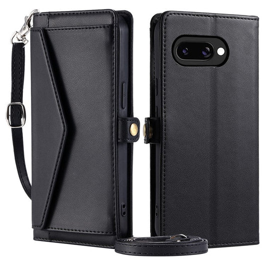For Google Pixel 9a Leather Case Wallet Stand Phone Cover with Straps - Black
