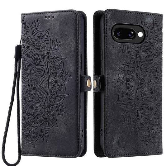 Style 016 For Google Pixel 9a Case Skin Feel Totem Imprinted Wallet Leather Phone Cover - Black