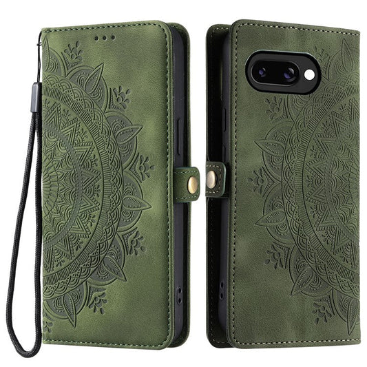 Style 016 For Google Pixel 9a Case Skin Feel Totem Imprinted Wallet Leather Phone Cover - Blackish Green