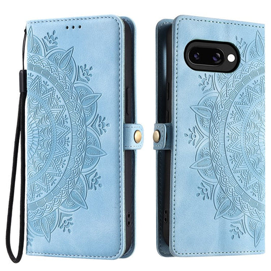 Style 016 For Google Pixel 9a Case Skin Feel Totem Imprinted Wallet Leather Phone Cover - Lake Blue