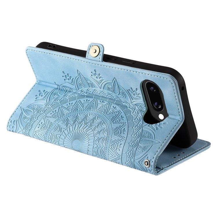 Style 016 For Google Pixel 9a Case Skin Feel Totem Imprinted Wallet Leather Phone Cover - Lake Blue