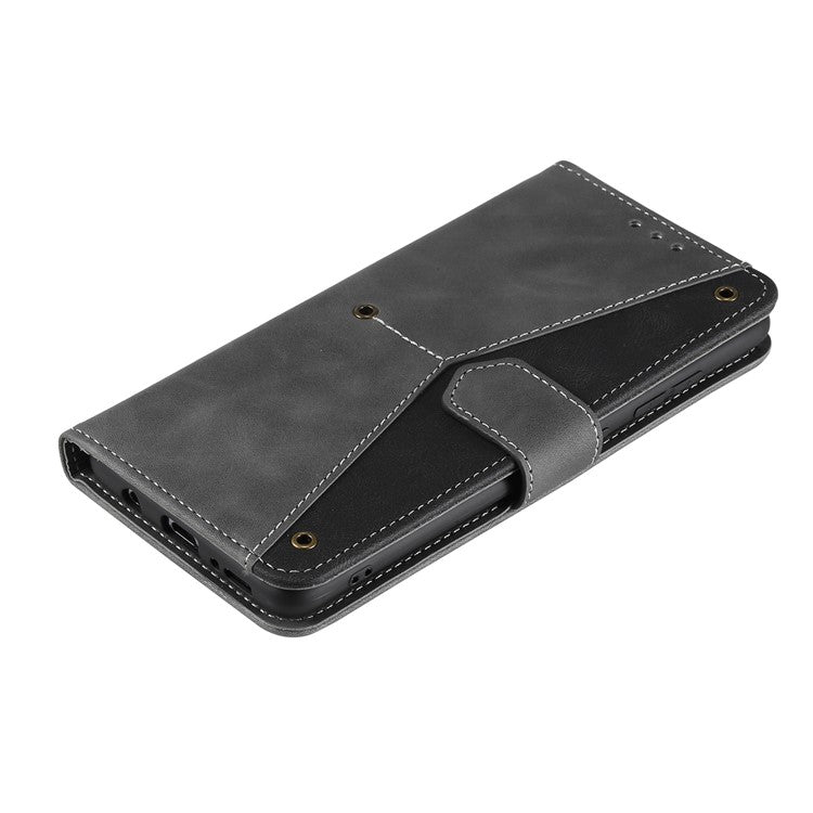 For Google Pixel 9a Leather Case Splicing Stitching Wallet Stand Phone Cover with Strap - Grey