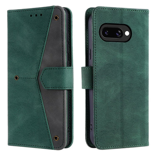 For Google Pixel 9a Leather Case Splicing Stitching Wallet Stand Phone Cover with Strap - Green