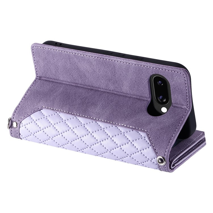 Style 005 For Google Pixel 9a Wallet Case Rhombus Stitching Line PU Leather Phone Cover - Purple