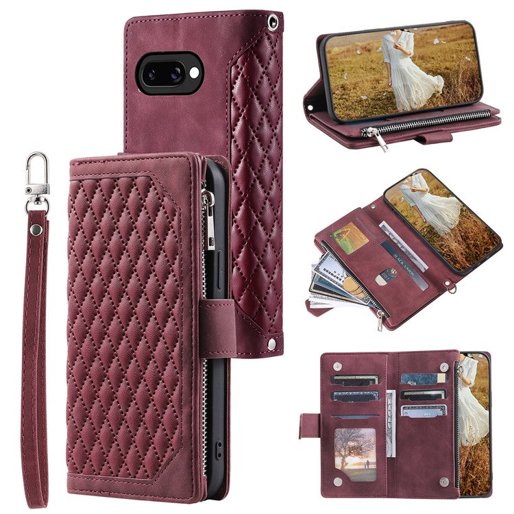 Style 005 For Google Pixel 9a Wallet Case Rhombus Stitching Line PU Leather Phone Cover - Wine Red