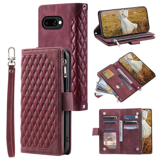 Style 005 For Google Pixel 9a Wallet Case Rhombus Stitching Line PU Leather Phone Cover - Wine Red