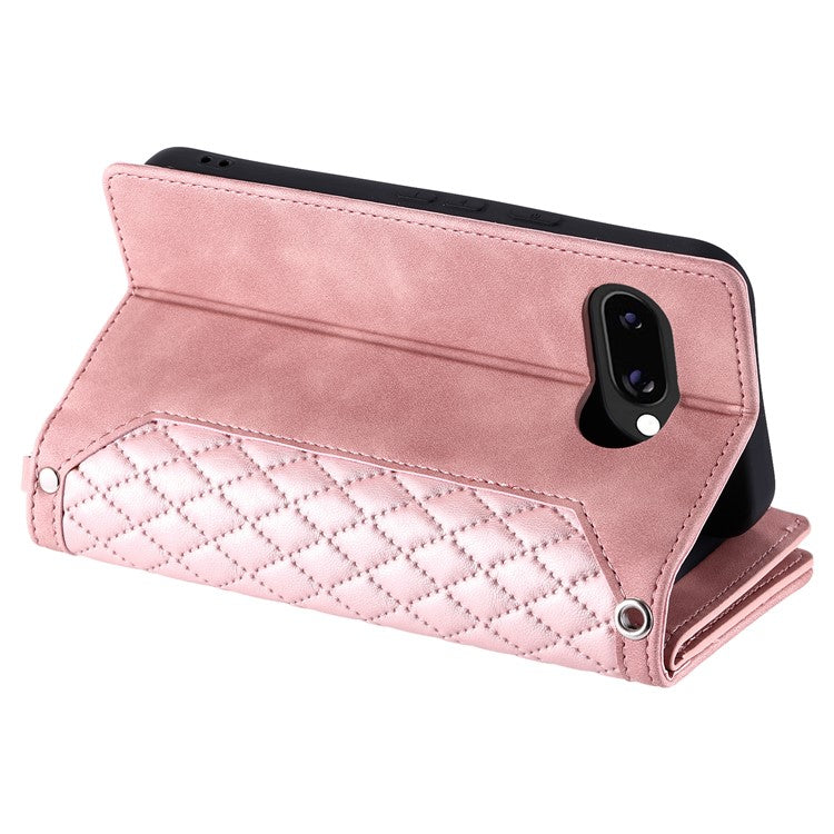 Style 005 For Google Pixel 9a Wallet Case Rhombus Stitching Line PU Leather Phone Cover - Rose Gold