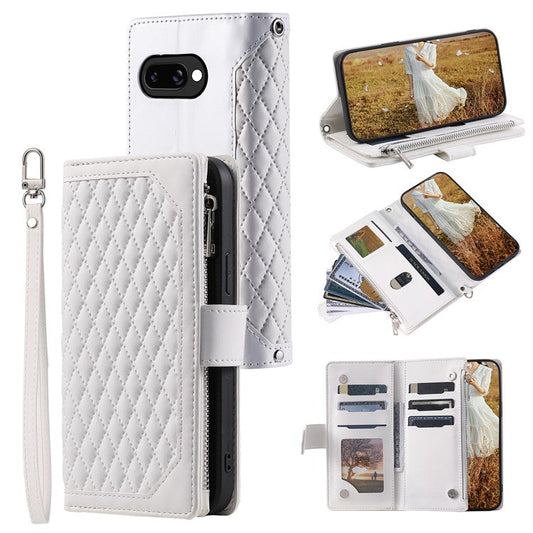 Style 005 For Google Pixel 9a Wallet Case Rhombus Stitching Line PU Leather Phone Cover - White