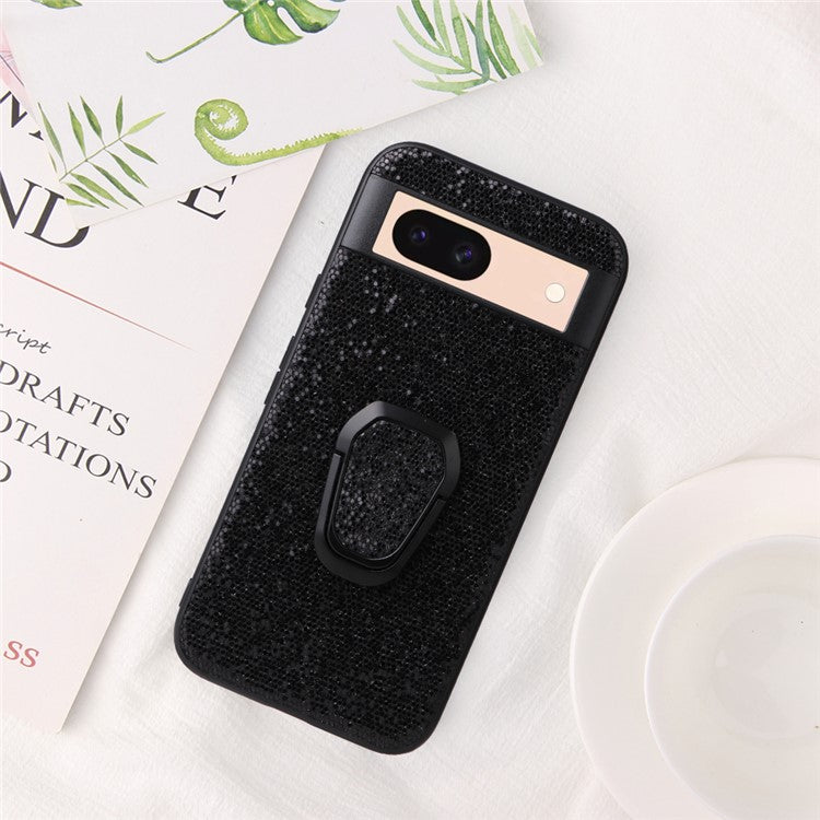 For Google Pixel 8a Case Kickstand Leather+TPU+PC Phone Back Cover - Black Glittery Sequins