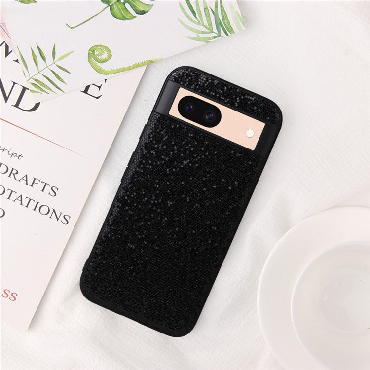 For Google Pixel 8a Case PU Leather+TPU+PC Phone Back Cover - Black Glittery Sequins
