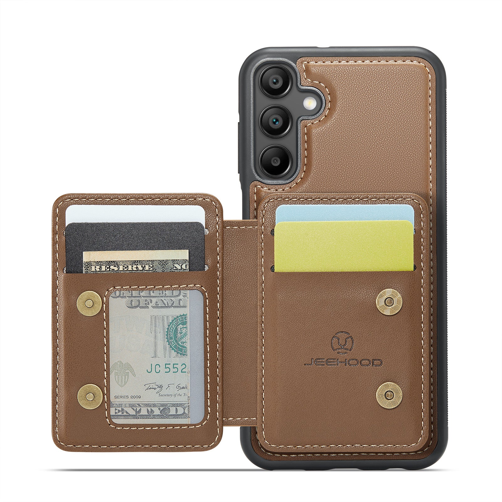 For Samsung Galaxy A16 5G Case JEEHOOD J05 Leather Phone Cover with Card Holder Kickstand RFID Blocking - Brwon
