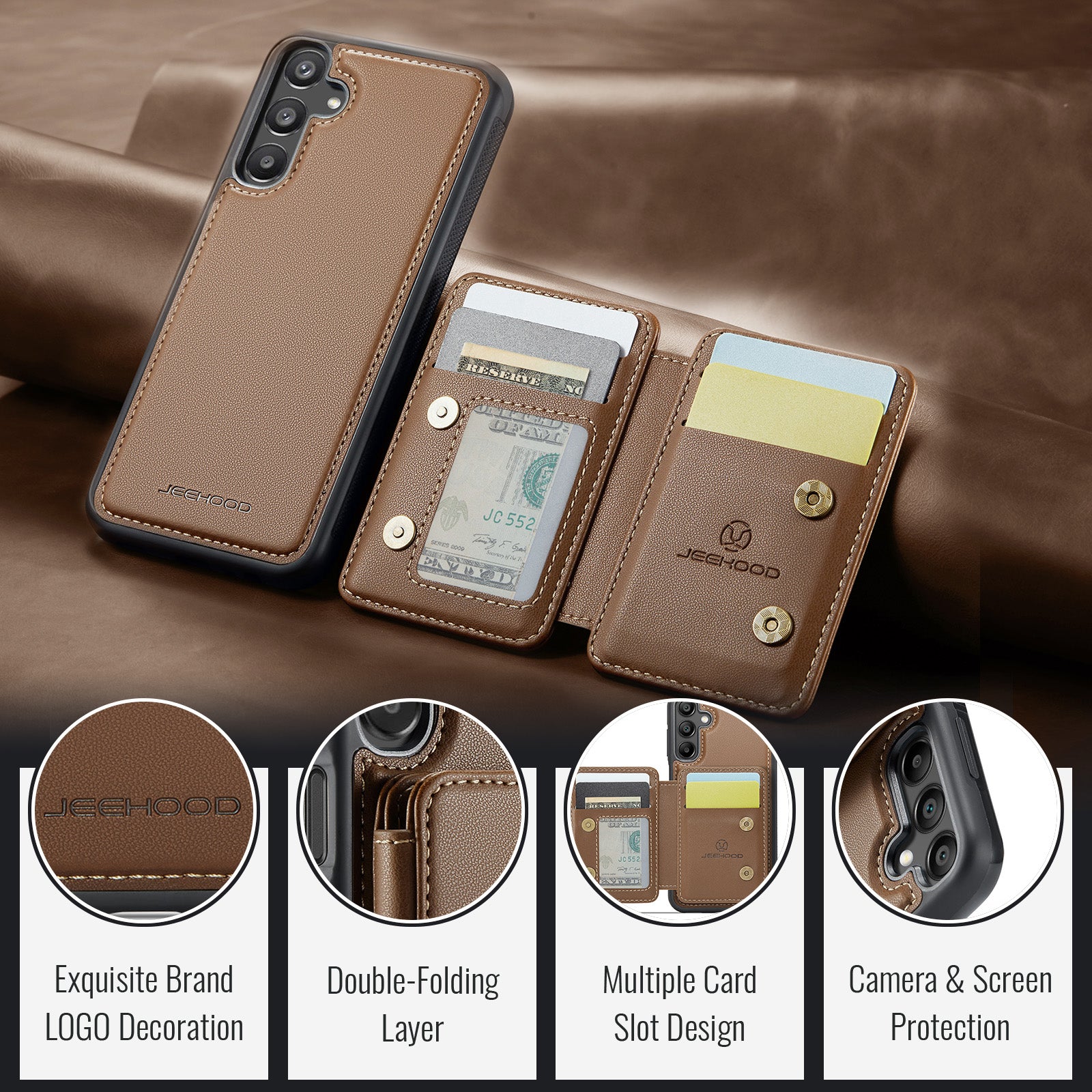 For Samsung Galaxy A16 5G Case JEEHOOD J05 Leather Phone Cover with Card Holder Kickstand RFID Blocking - Brwon