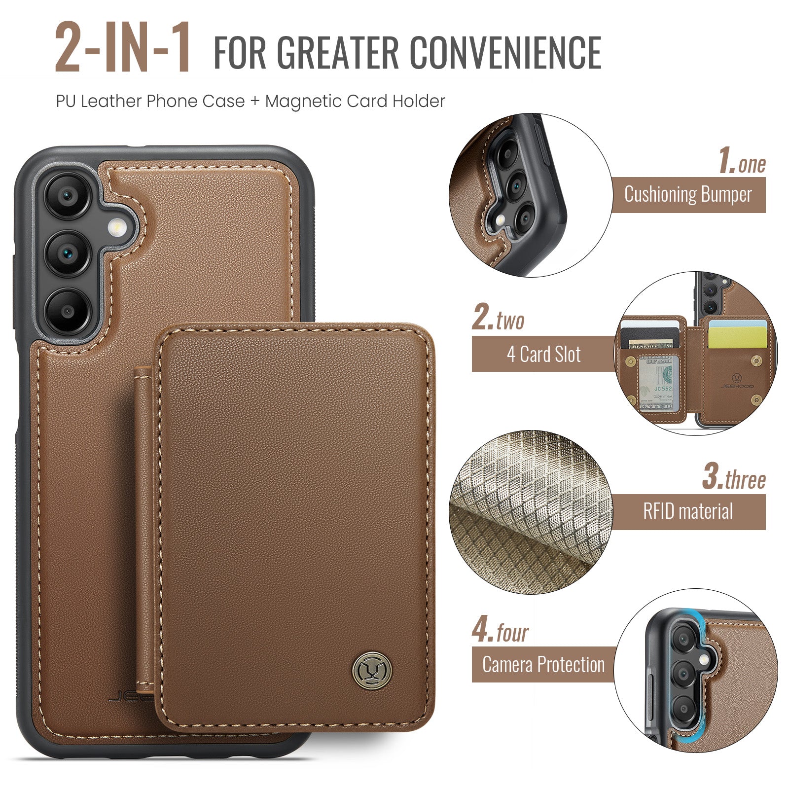 For Samsung Galaxy A16 5G Case JEEHOOD J05 Leather Phone Cover with Card Holder Kickstand RFID Blocking - Brwon