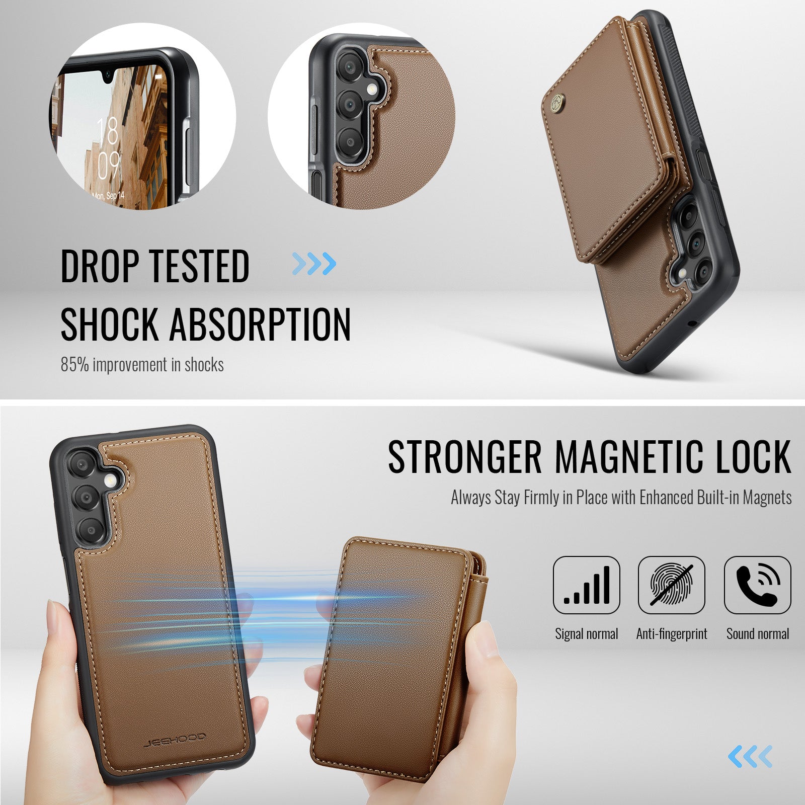 For Samsung Galaxy A16 5G Case JEEHOOD J05 Leather Phone Cover with Card Holder Kickstand RFID Blocking - Brwon