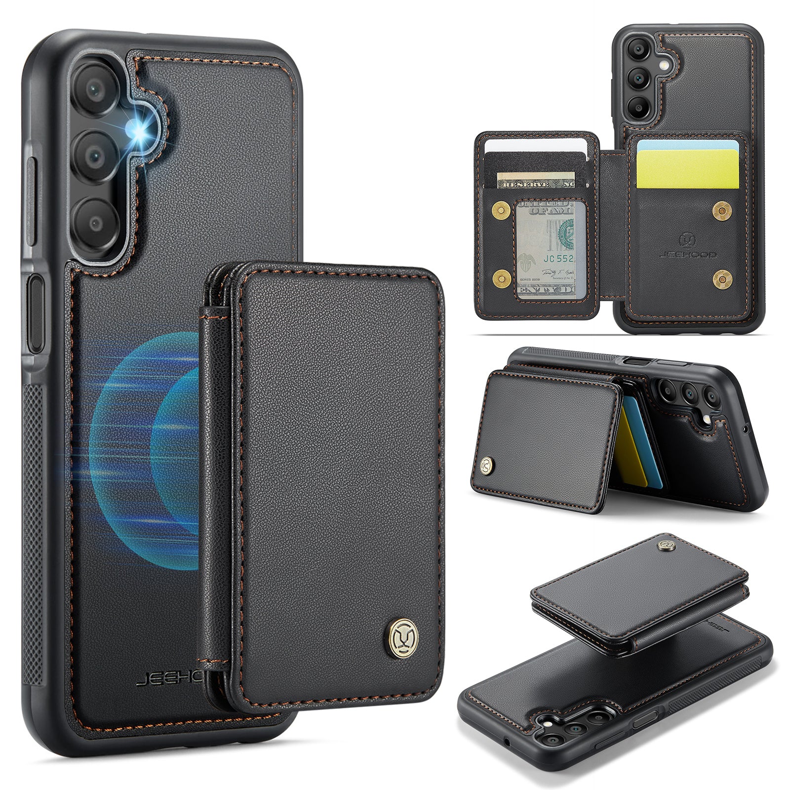 For Samsung Galaxy A16 5G Case JEEHOOD J05 Leather Phone Cover with Card Holder Kickstand RFID Blocking - Black