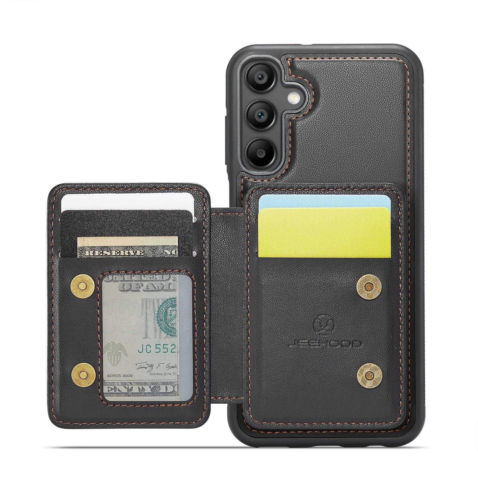 For Samsung Galaxy A16 5G Case JEEHOOD J05 Leather Phone Cover with Card Holder Kickstand RFID Blocking - Black