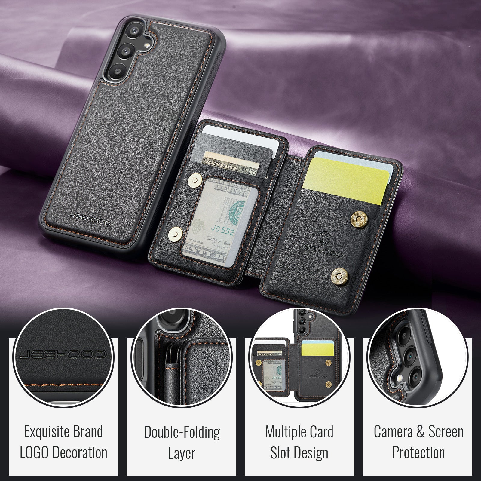 For Samsung Galaxy A16 5G Case JEEHOOD J05 Leather Phone Cover with Card Holder Kickstand RFID Blocking - Black