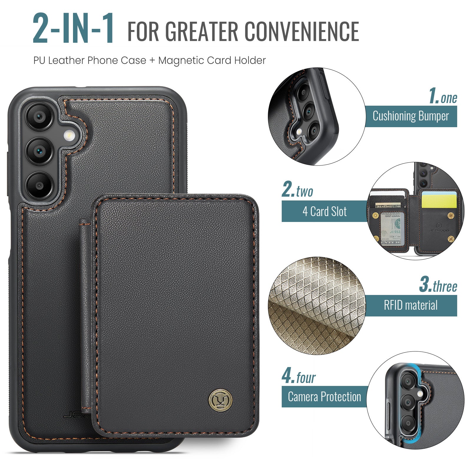 For Samsung Galaxy A16 5G Case JEEHOOD J05 Leather Phone Cover with Card Holder Kickstand RFID Blocking - Black