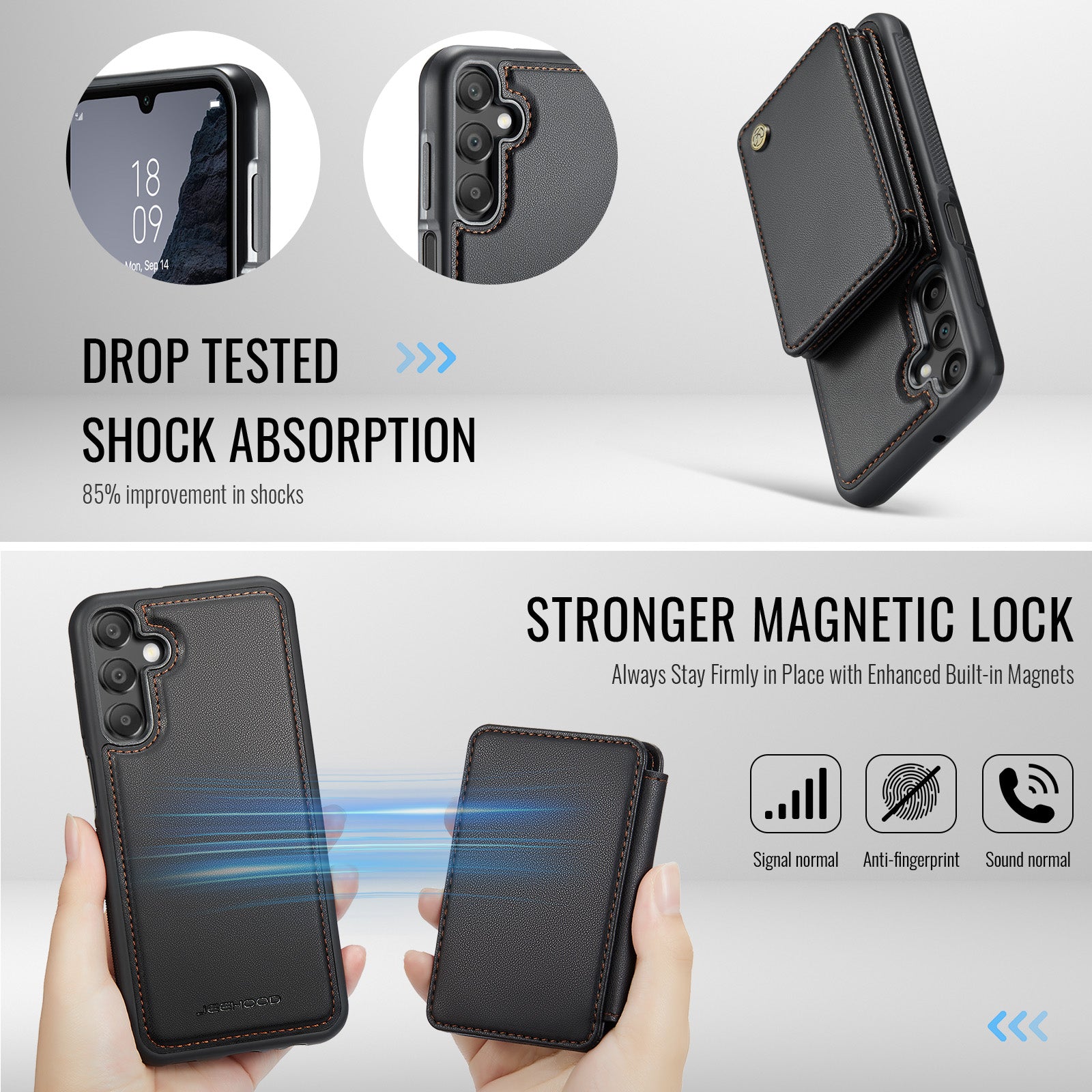 For Samsung Galaxy A16 5G Case JEEHOOD J05 Leather Phone Cover with Card Holder Kickstand RFID Blocking - Black