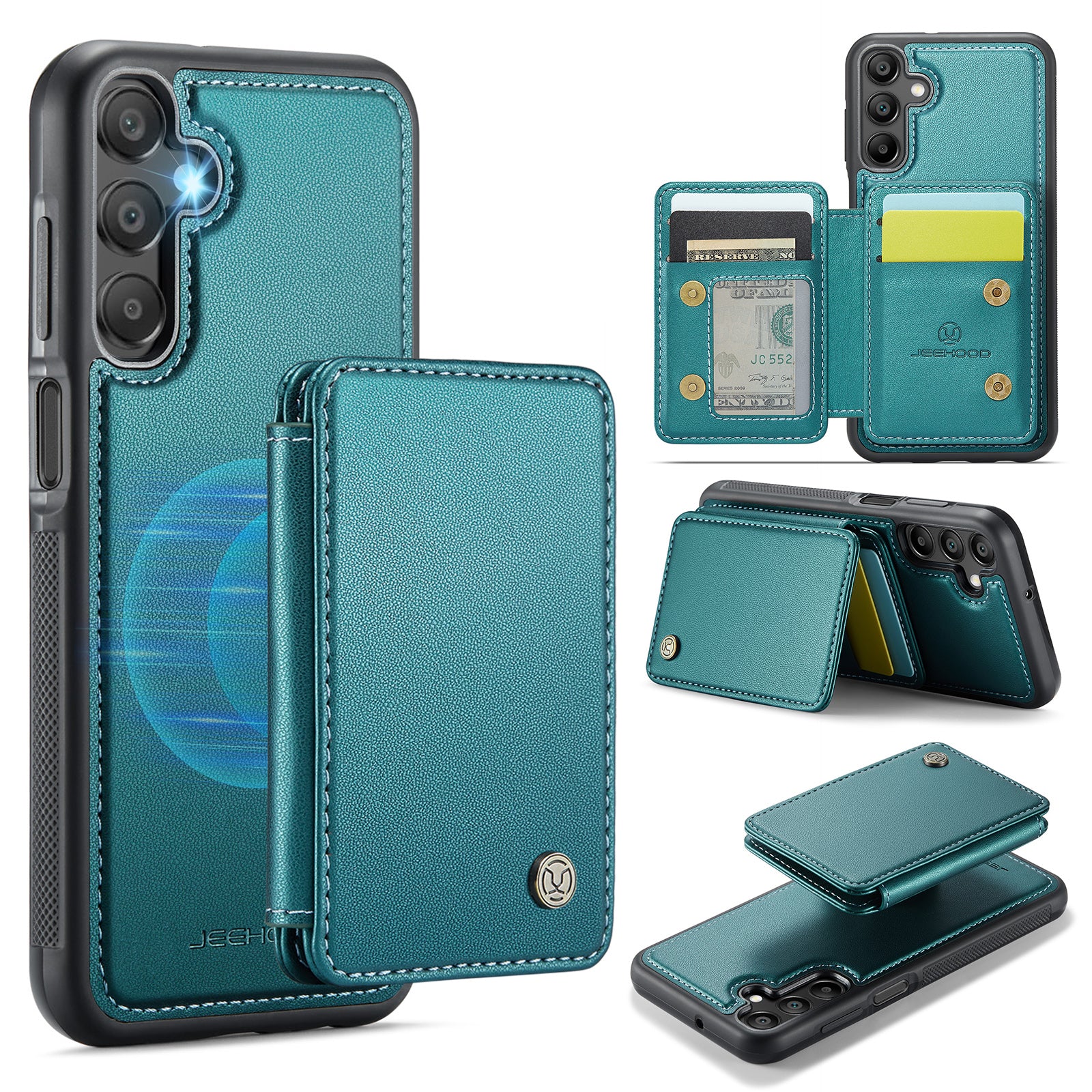 For Samsung Galaxy A16 5G Case JEEHOOD J05 Leather Phone Cover with Card Holder Kickstand RFID Blocking - Blue