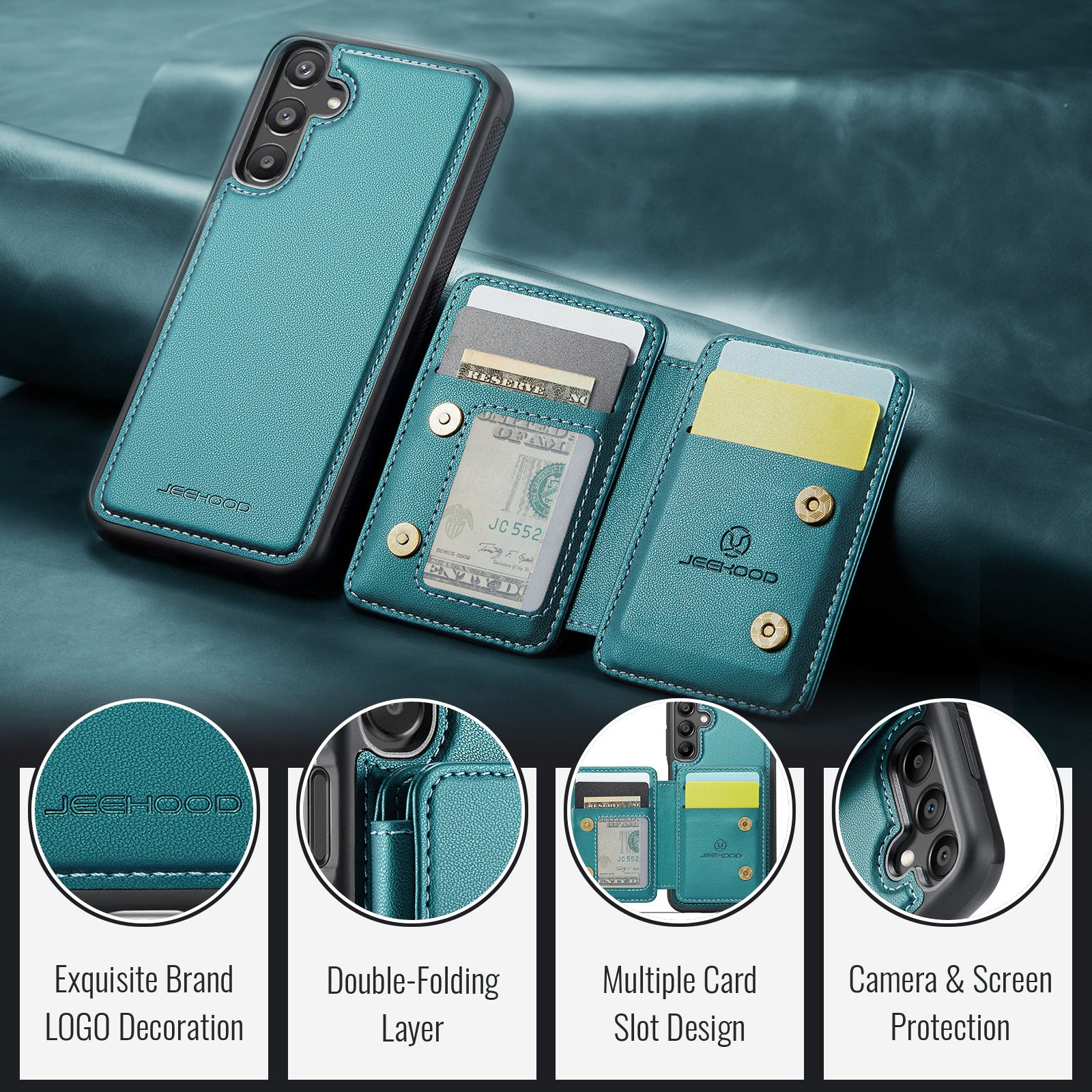 For Samsung Galaxy A16 5G Case JEEHOOD J05 Leather Phone Cover with Card Holder Kickstand RFID Blocking - Blue