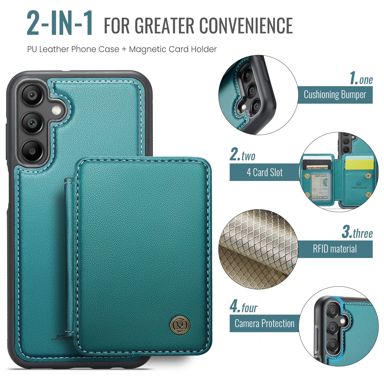 For Samsung Galaxy A16 5G Case JEEHOOD J05 Leather Phone Cover with Card Holder Kickstand RFID Blocking - Blue