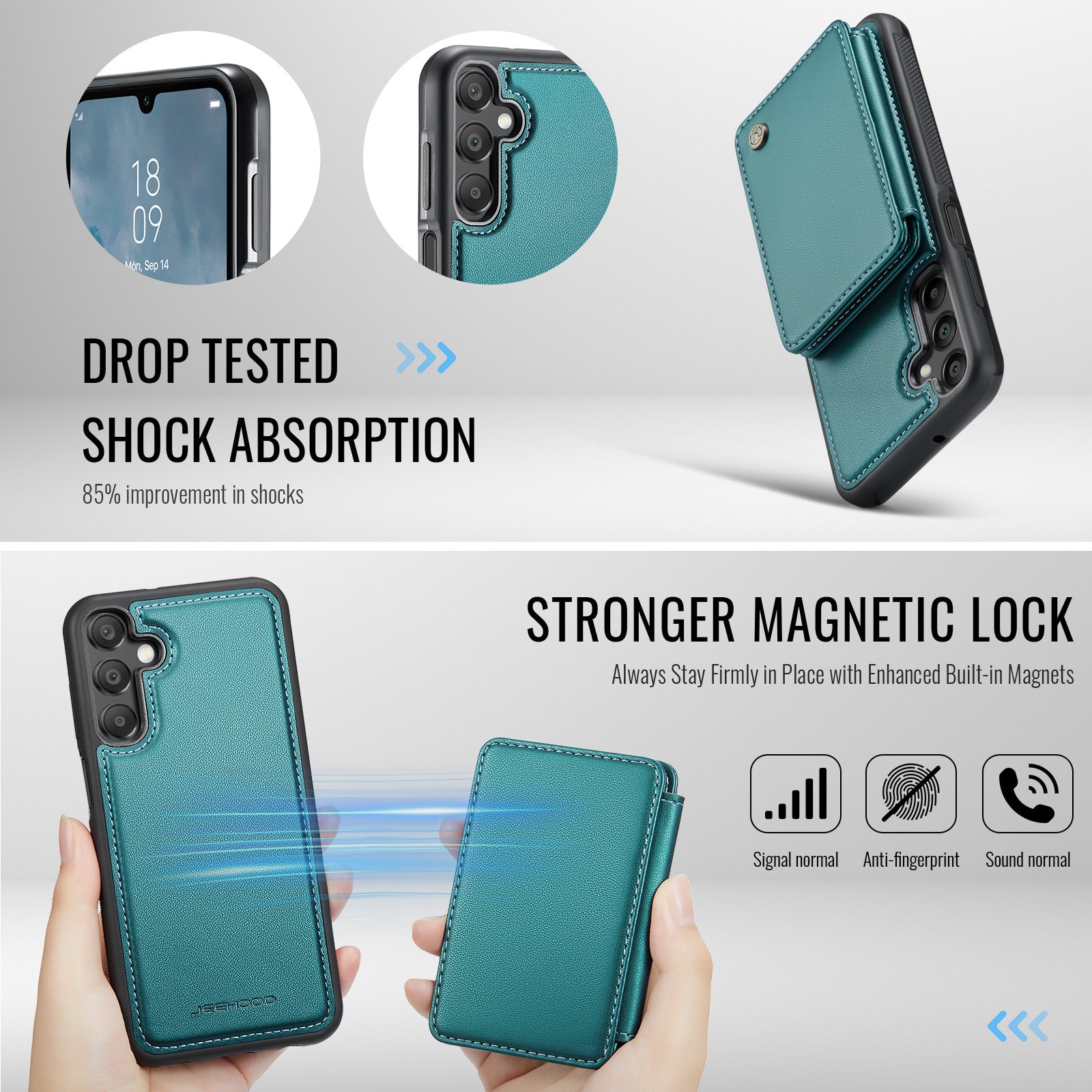 For Samsung Galaxy A16 5G Case JEEHOOD J05 Leather Phone Cover with Card Holder Kickstand RFID Blocking - Blue