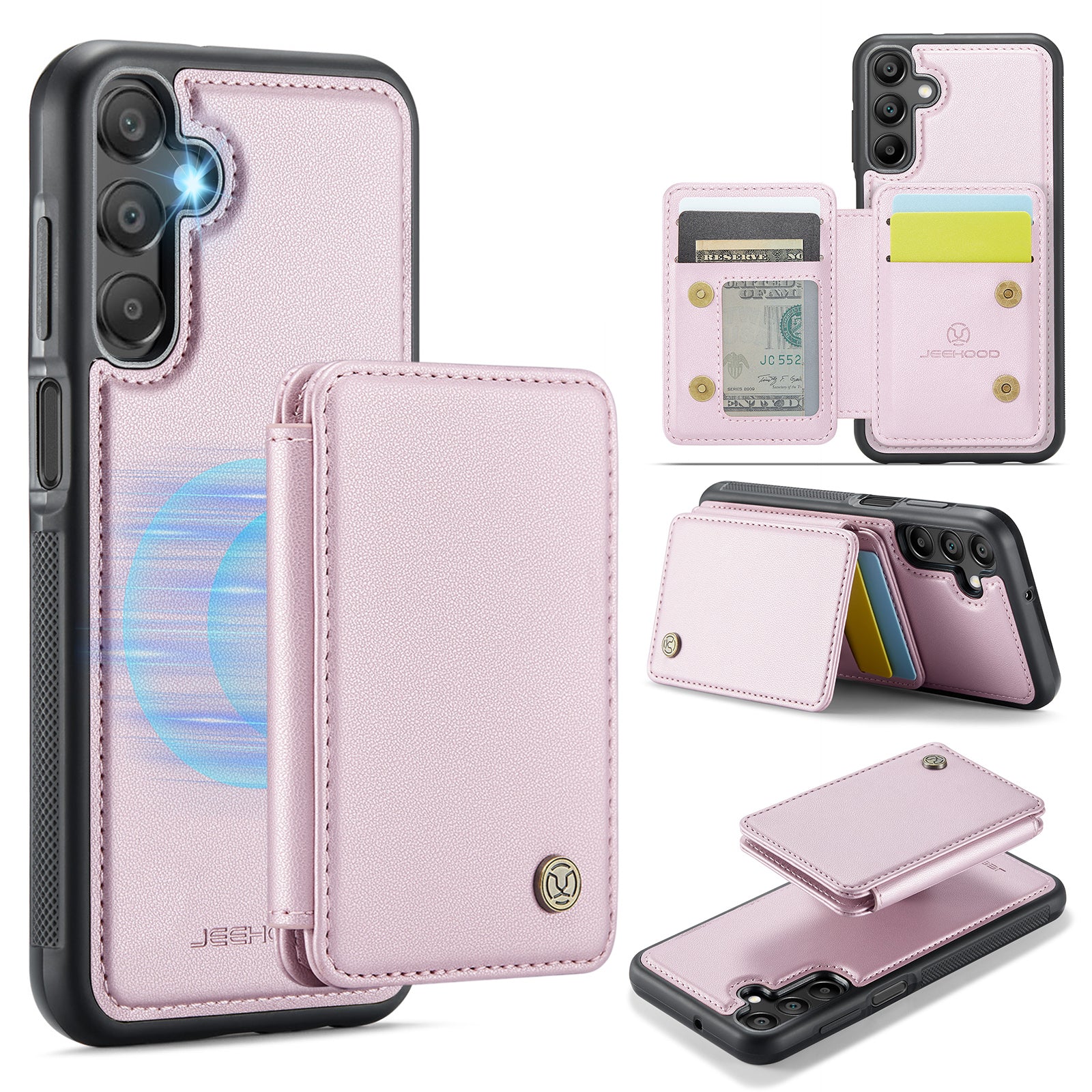 For Samsung Galaxy A16 5G Case JEEHOOD J05 Leather Phone Cover with Card Holder Kickstand RFID Blocking - Pink