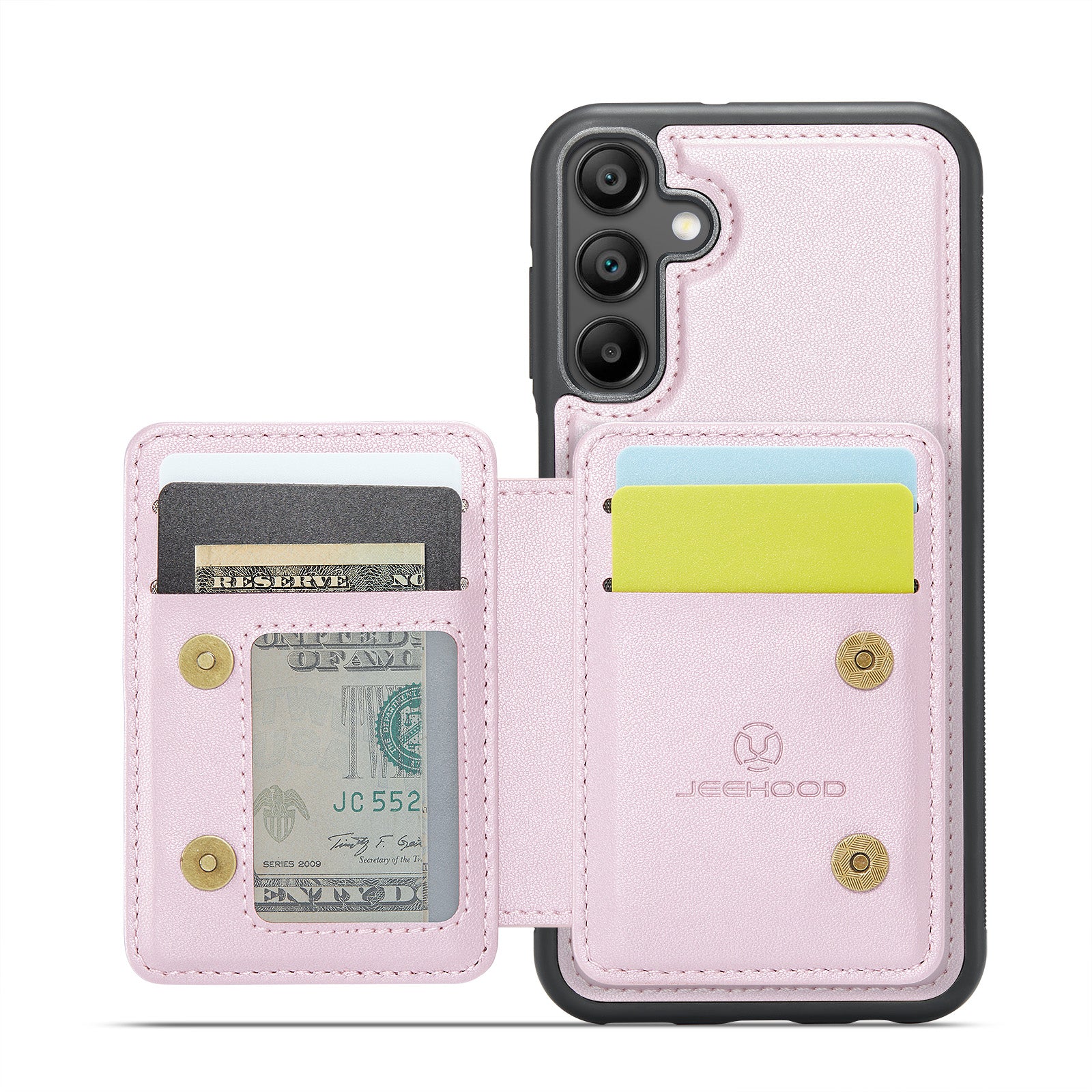 For Samsung Galaxy A16 5G Case JEEHOOD J05 Leather Phone Cover with Card Holder Kickstand RFID Blocking - Pink