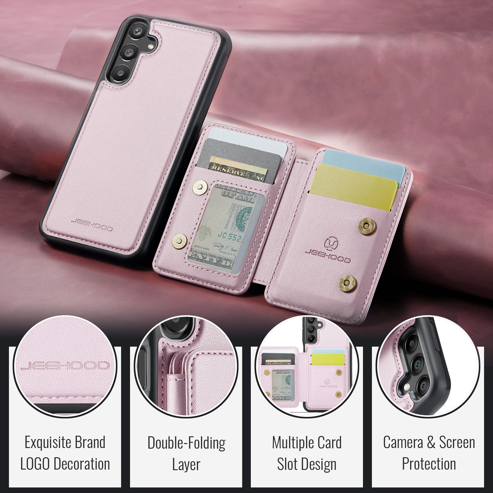 For Samsung Galaxy A16 5G Case JEEHOOD J05 Leather Phone Cover with Card Holder Kickstand RFID Blocking - Pink