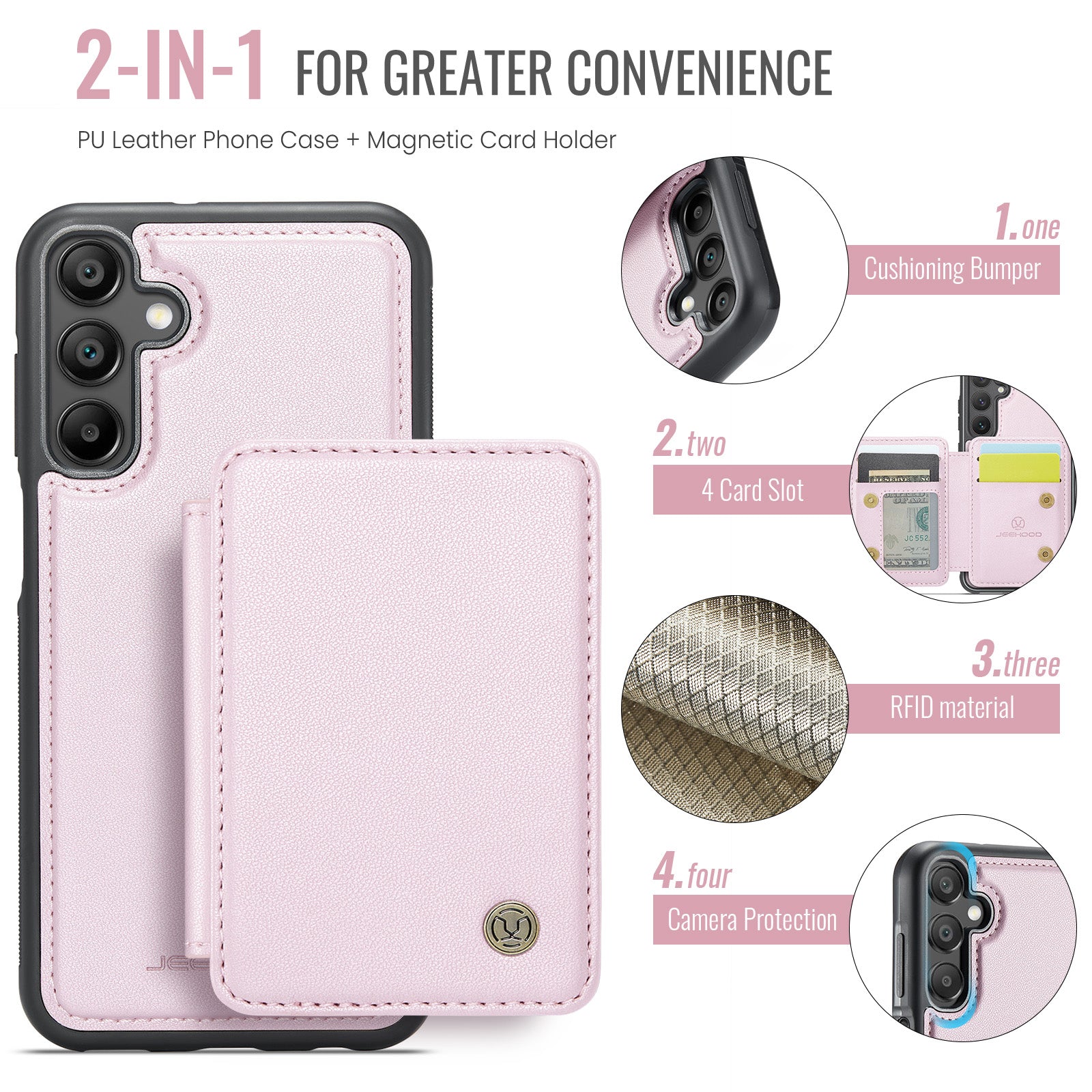 For Samsung Galaxy A16 5G Case JEEHOOD J05 Leather Phone Cover with Card Holder Kickstand RFID Blocking - Pink