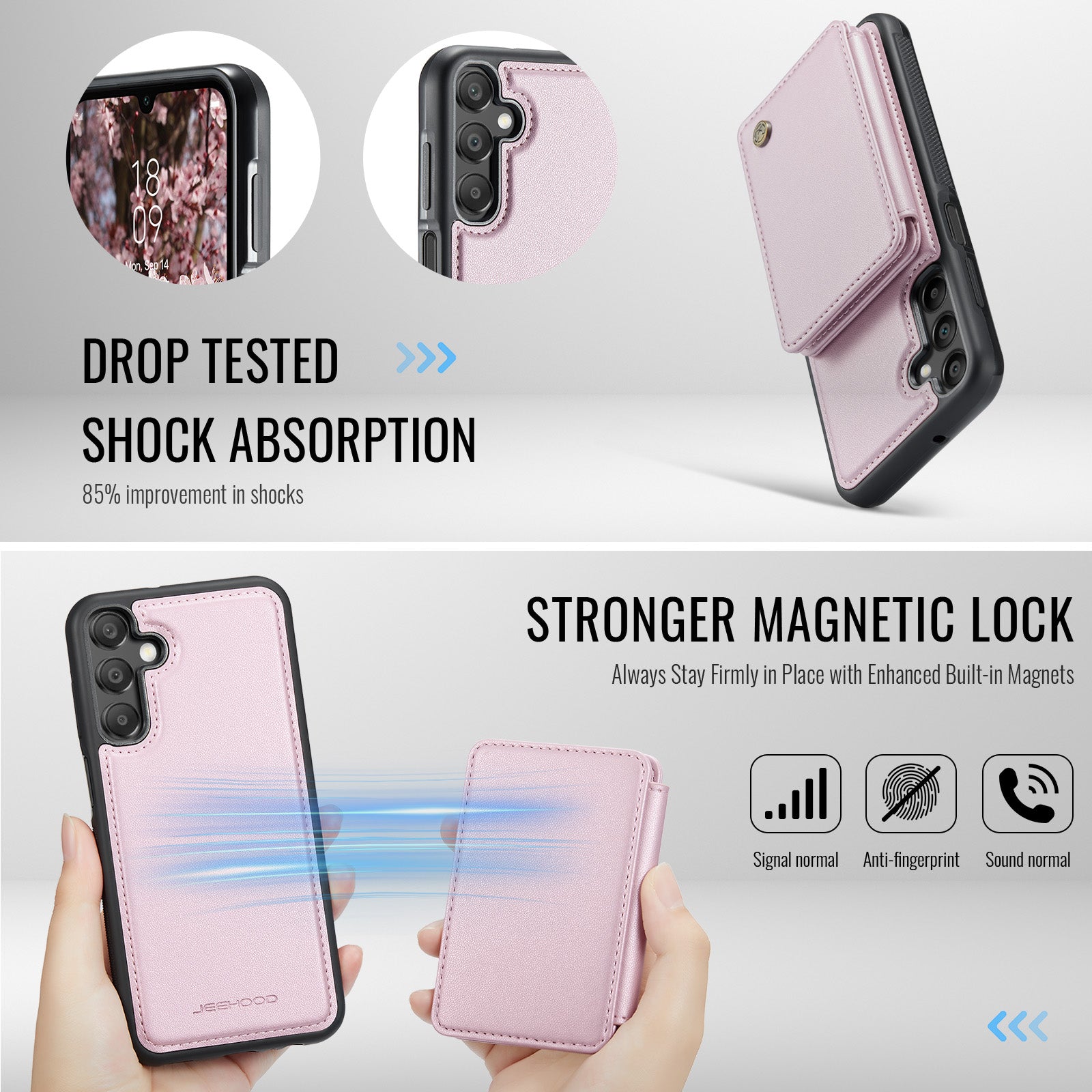For Samsung Galaxy A16 5G Case JEEHOOD J05 Leather Phone Cover with Card Holder Kickstand RFID Blocking - Pink