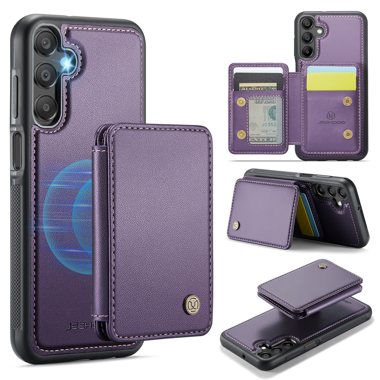 For Samsung Galaxy A16 5G Case JEEHOOD J05 Leather Phone Cover with Card Holder Kickstand RFID Blocking - Purple