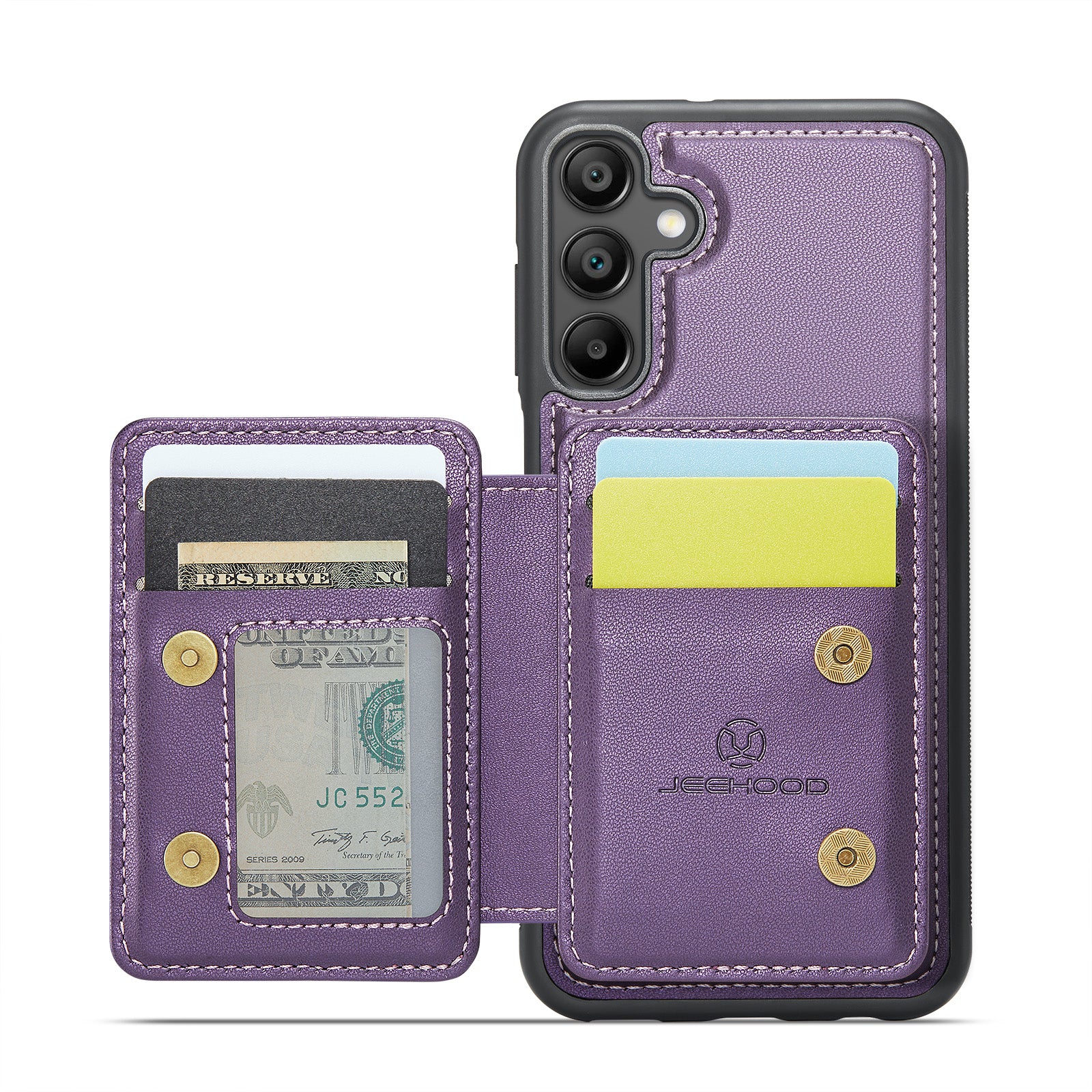 For Samsung Galaxy A16 5G Case JEEHOOD J05 Leather Phone Cover with Card Holder Kickstand RFID Blocking - Purple