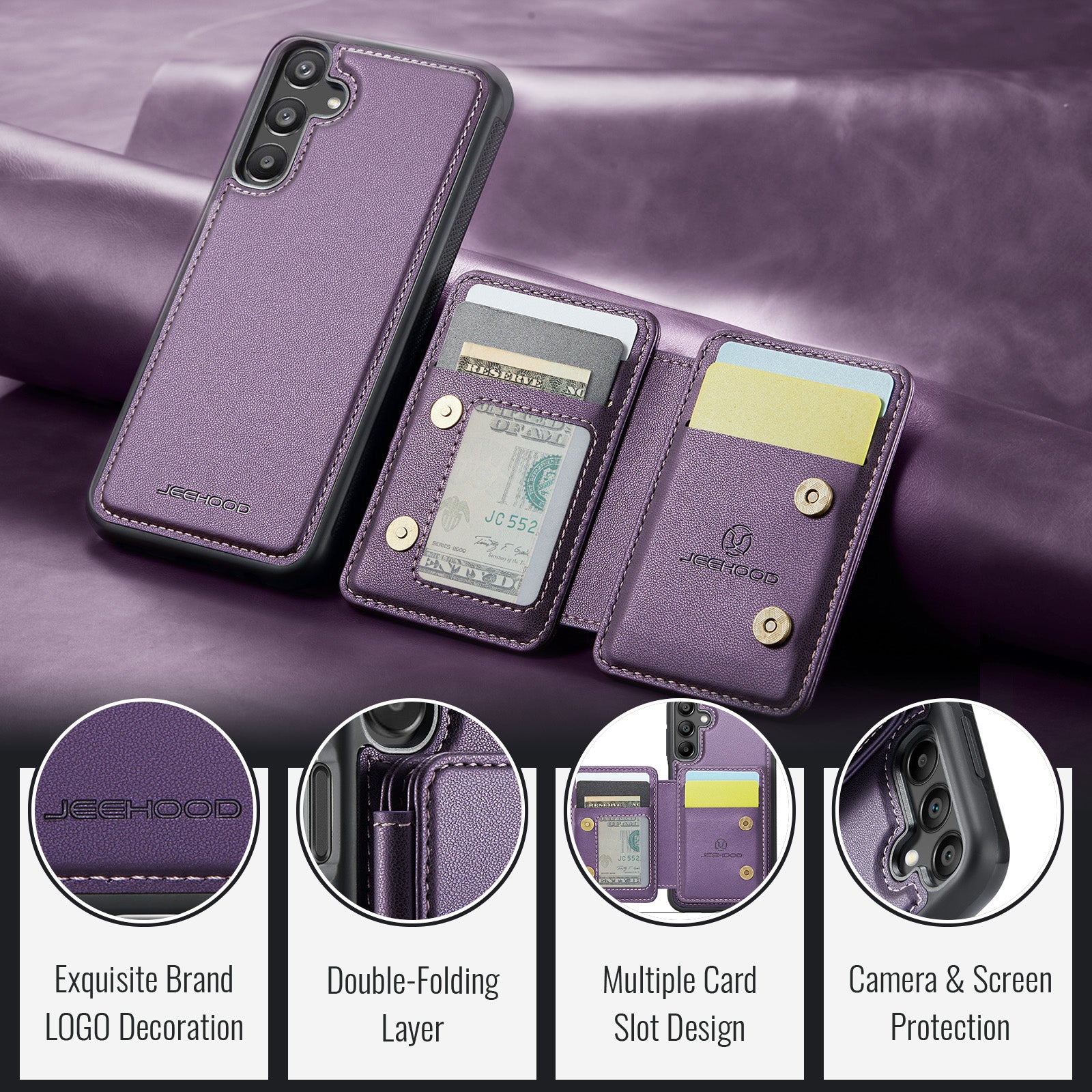 For Samsung Galaxy A16 5G Case JEEHOOD J05 Leather Phone Cover with Card Holder Kickstand RFID Blocking - Purple