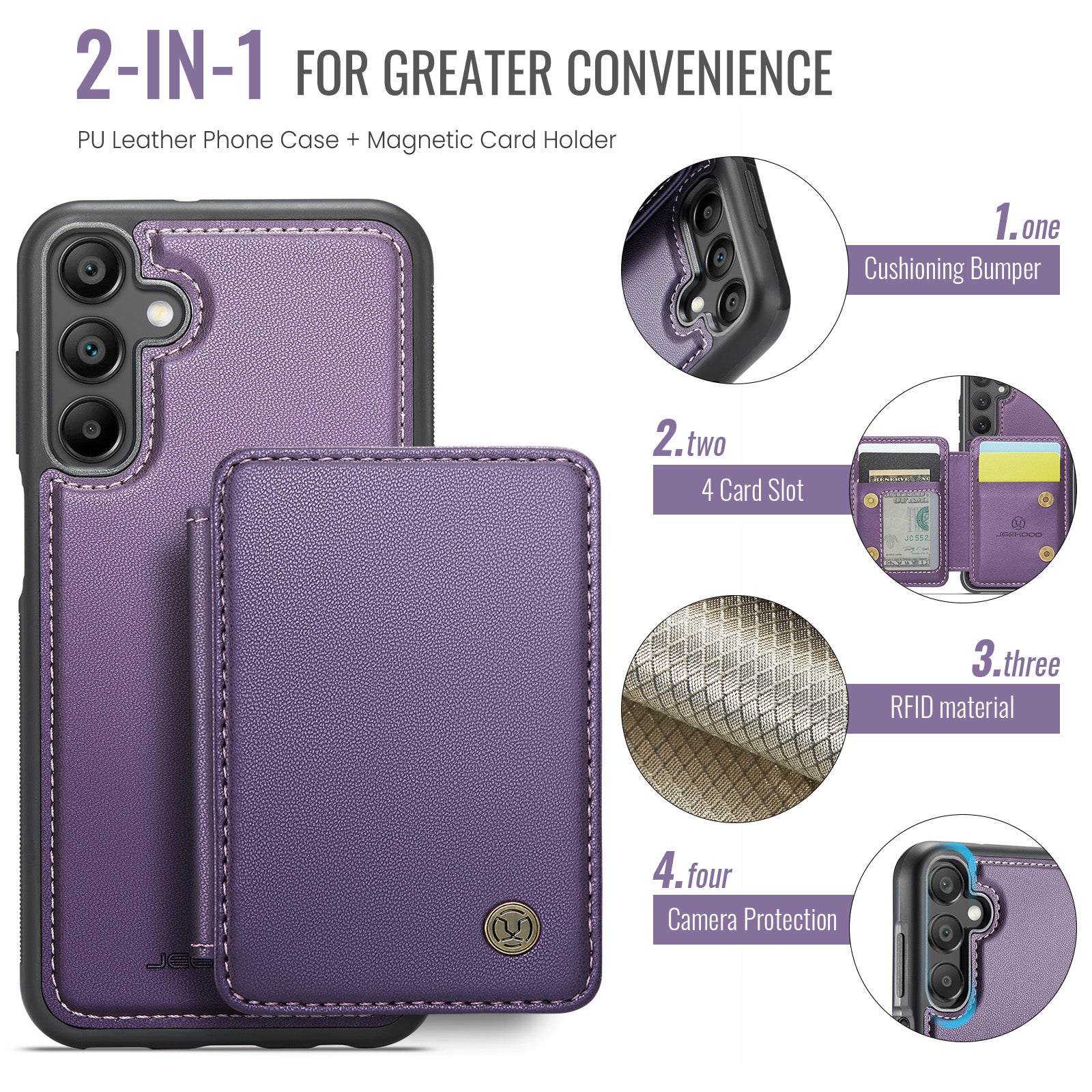 For Samsung Galaxy A16 5G Case JEEHOOD J05 Leather Phone Cover with Card Holder Kickstand RFID Blocking - Purple