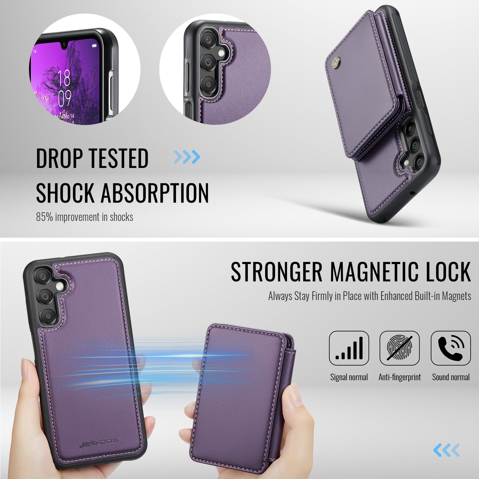 For Samsung Galaxy A16 5G Case JEEHOOD J05 Leather Phone Cover with Card Holder Kickstand RFID Blocking - Purple