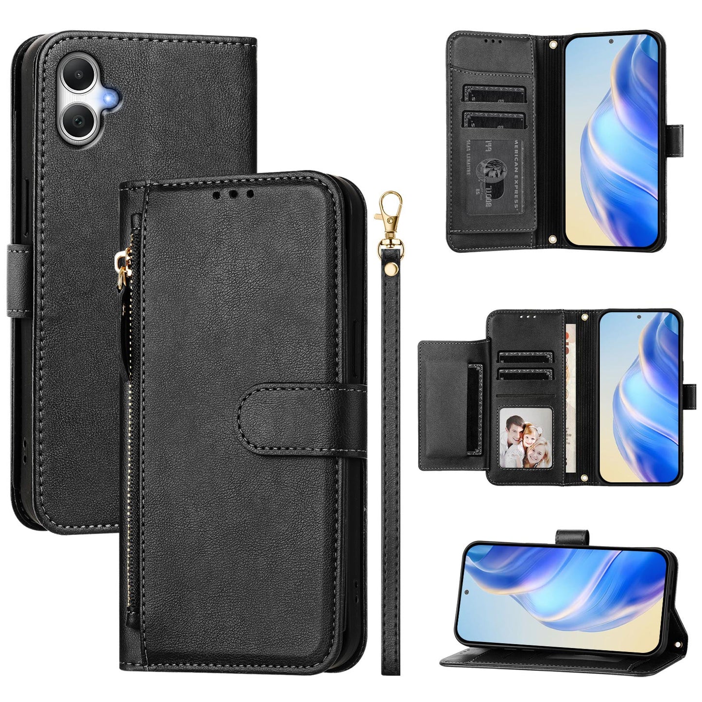 For Samsung Galaxy A06 Case Zipper Pocket Multiple Card Slots Leather Phone Cover - Black