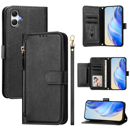 For Samsung Galaxy A06 Case Zipper Pocket Multiple Card Slots Leather Phone Cover - Black