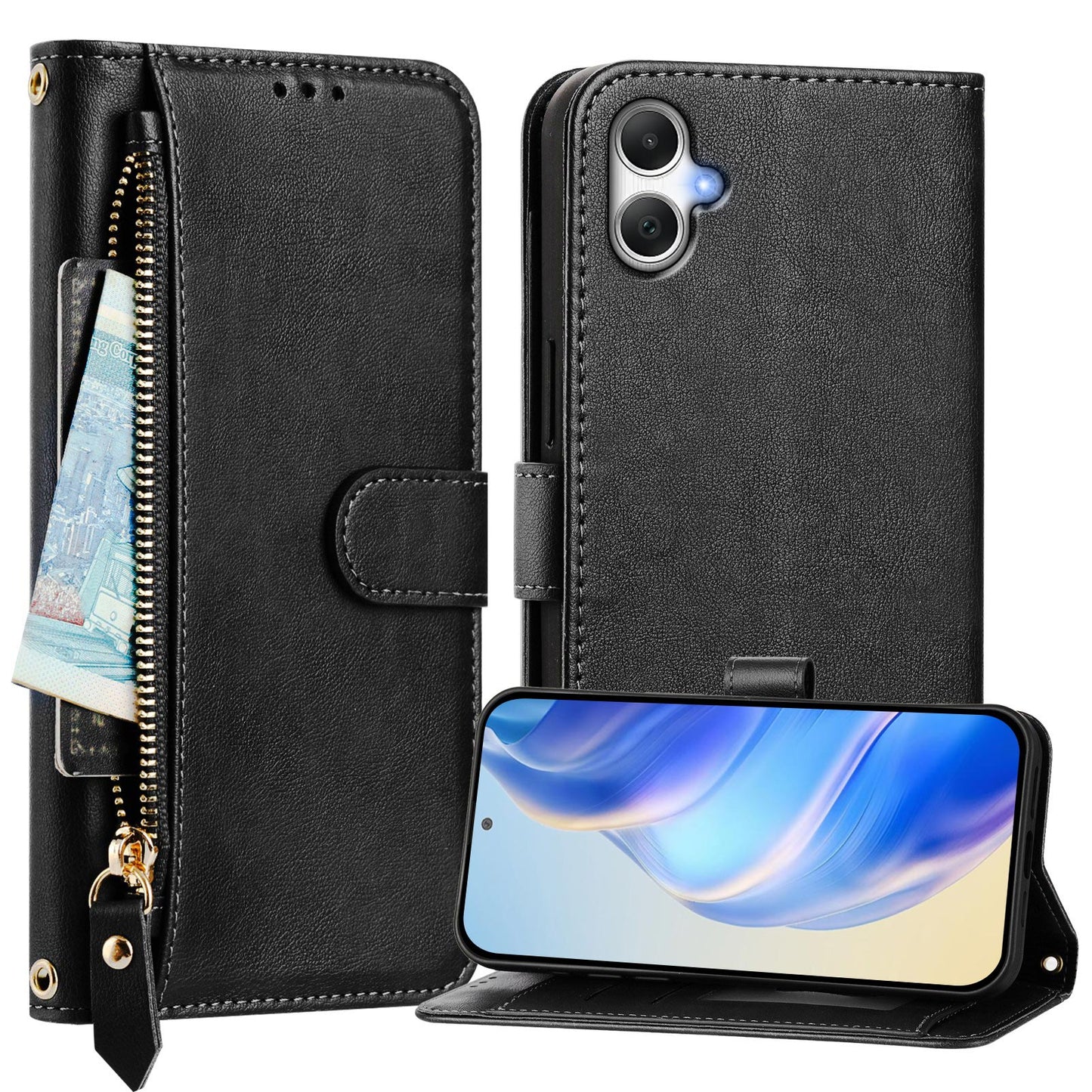 For Samsung Galaxy A06 Case Zipper Pocket Multiple Card Slots Leather Phone Cover - Black