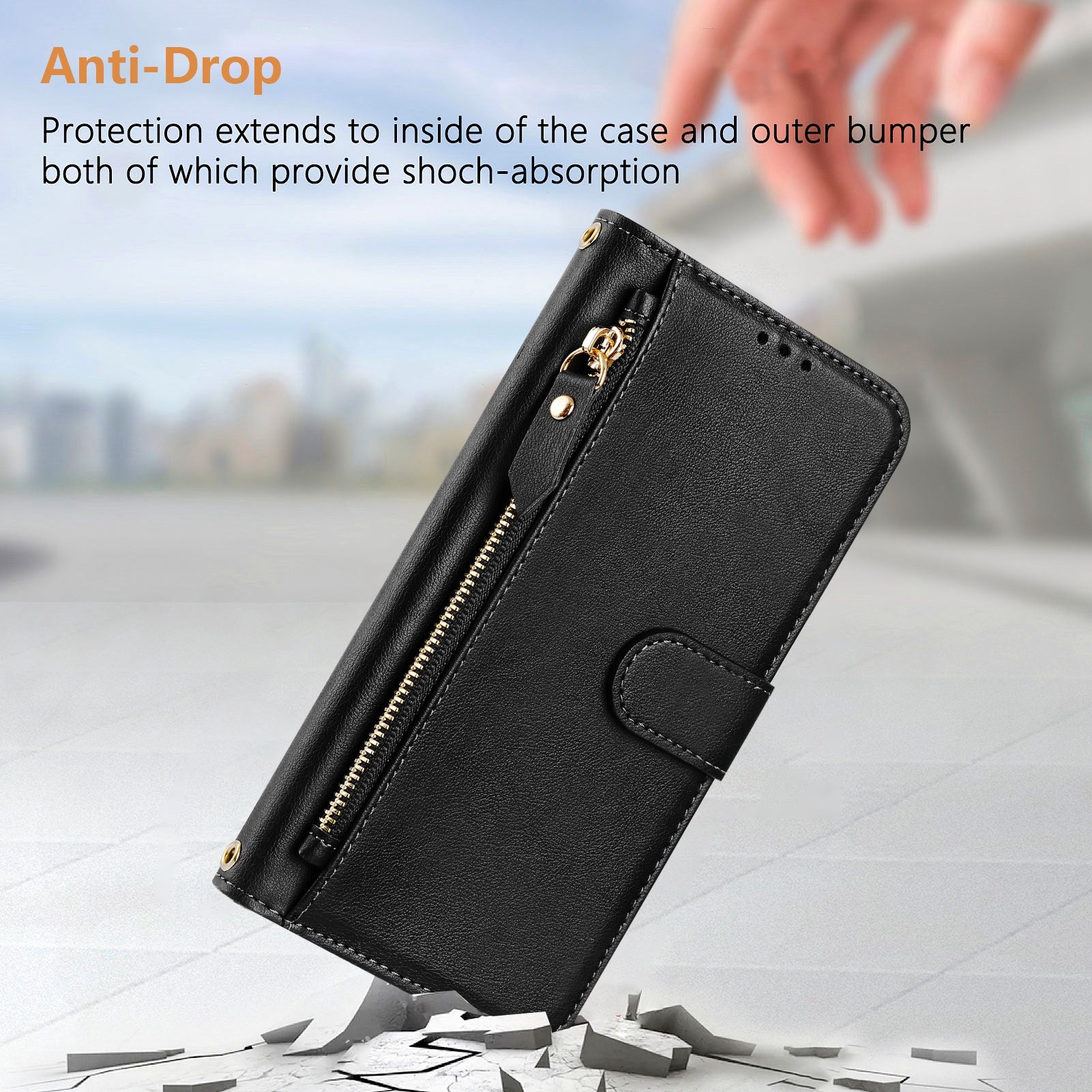 For Samsung Galaxy A06 Case Zipper Pocket Multiple Card Slots Leather Phone Cover - Black