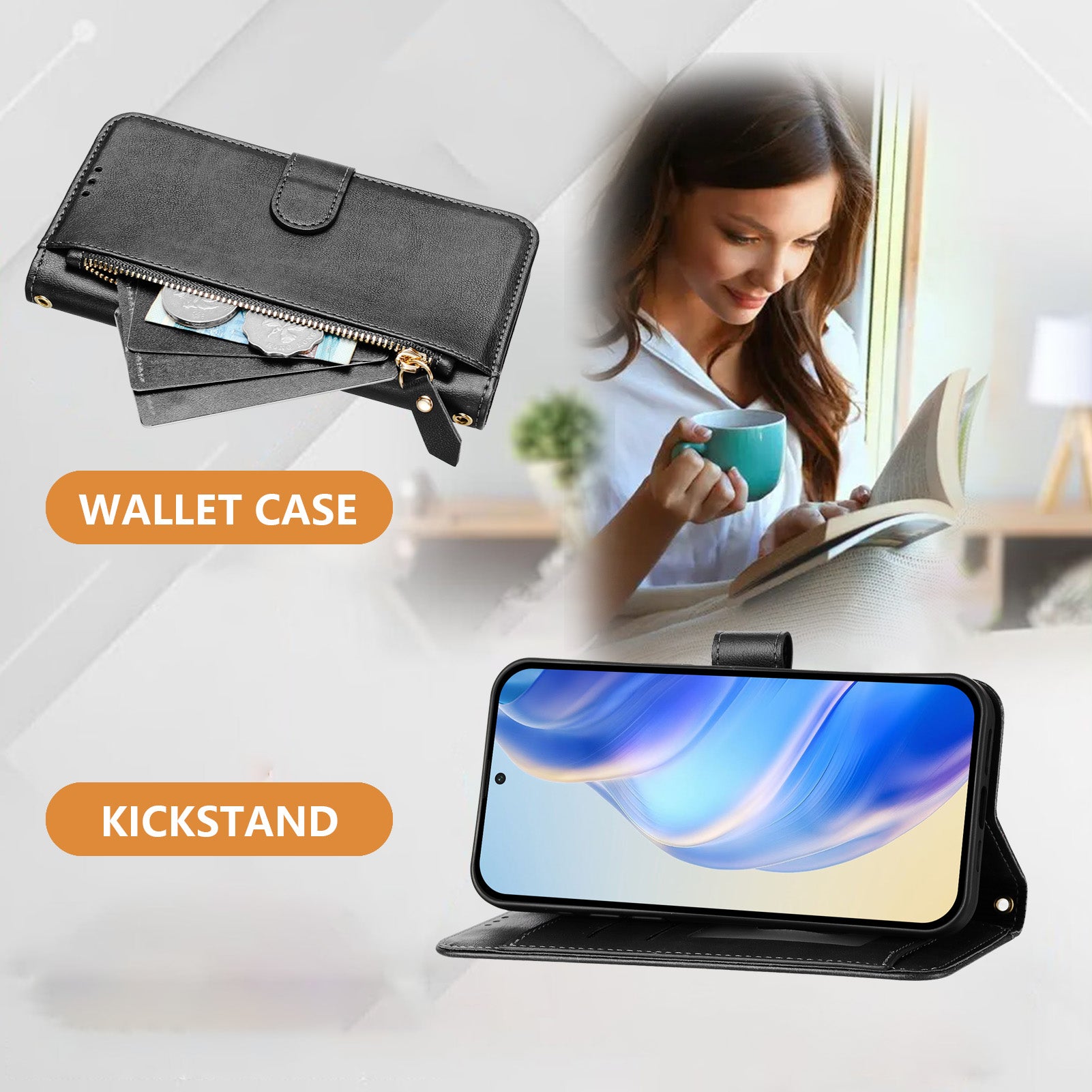 For Samsung Galaxy A06 Case Zipper Pocket Multiple Card Slots Leather Phone Cover - Black