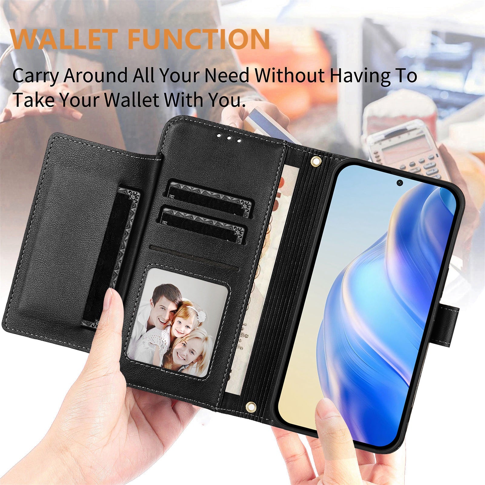 For Samsung Galaxy A06 Case Zipper Pocket Multiple Card Slots Leather Phone Cover - Black