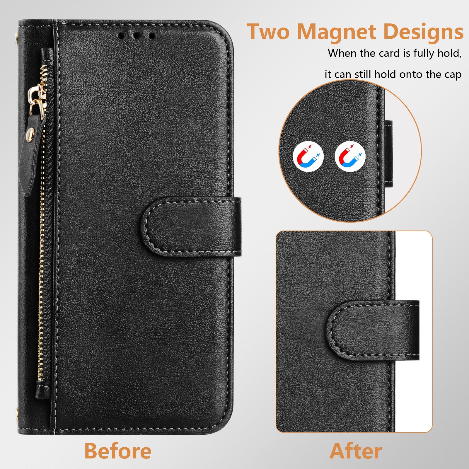 For Samsung Galaxy A06 Case Zipper Pocket Multiple Card Slots Leather Phone Cover - Black
