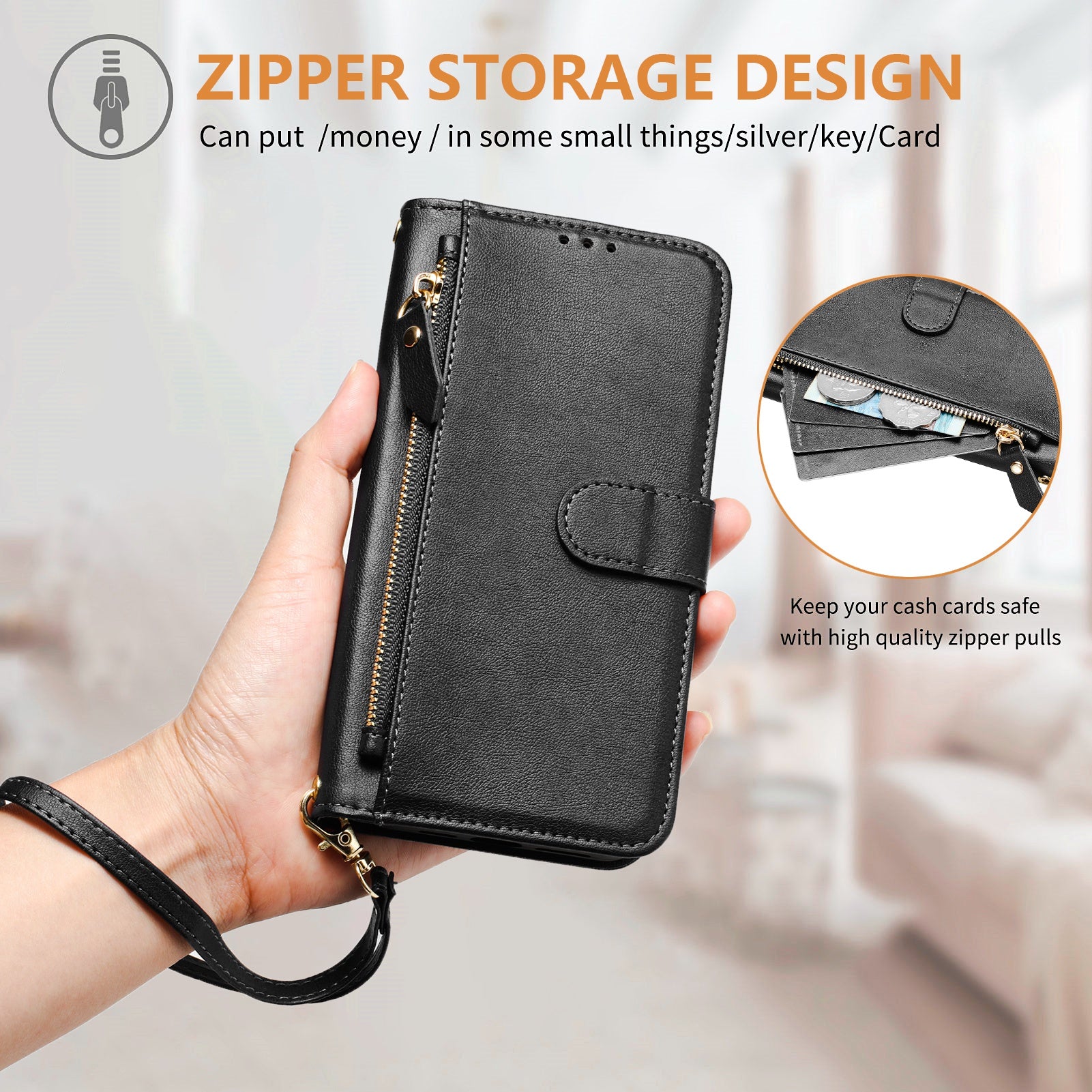For Samsung Galaxy A06 Case Zipper Pocket Multiple Card Slots Leather Phone Cover - Black